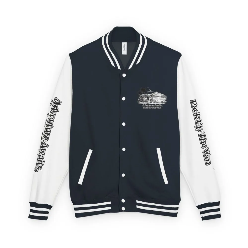 Unisex Heavyweight Letterman Jacket — "Adventure Awaits,Pack Up The Van" Travel Varsity Coat