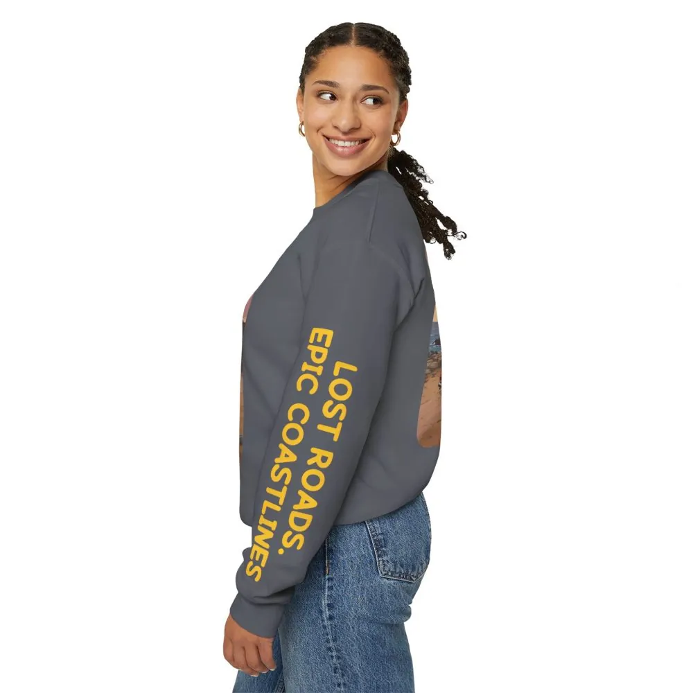 Unisex Heavy Blend™ Crewneck Sweatshirt — "Lost Roads Epic Coastlines" Design Sitcom-Line