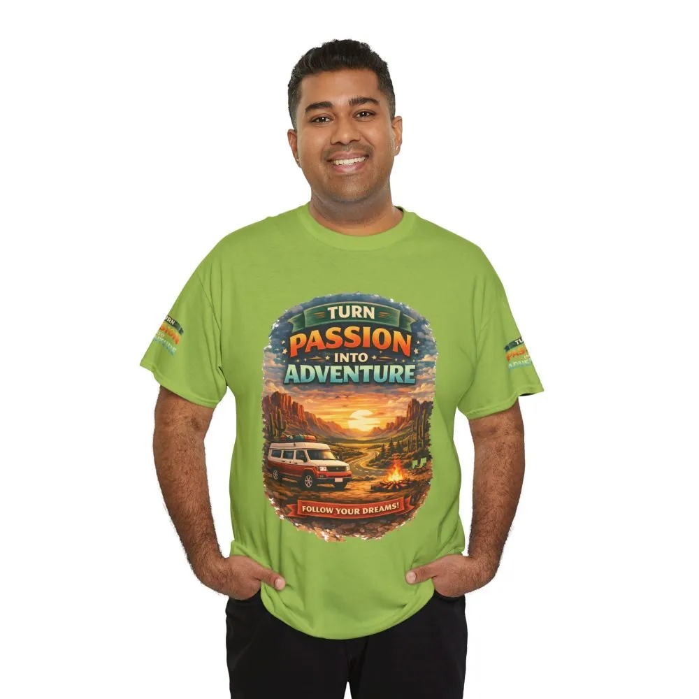 Unisex Heavy Cotton Tee — "Turn Passion Into Adventure" Design Scenic-Line