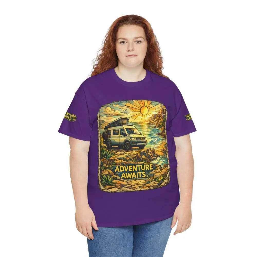 Unisex Heavy Cotton Tee — "Adventure Awaits" Design Cubic-Line