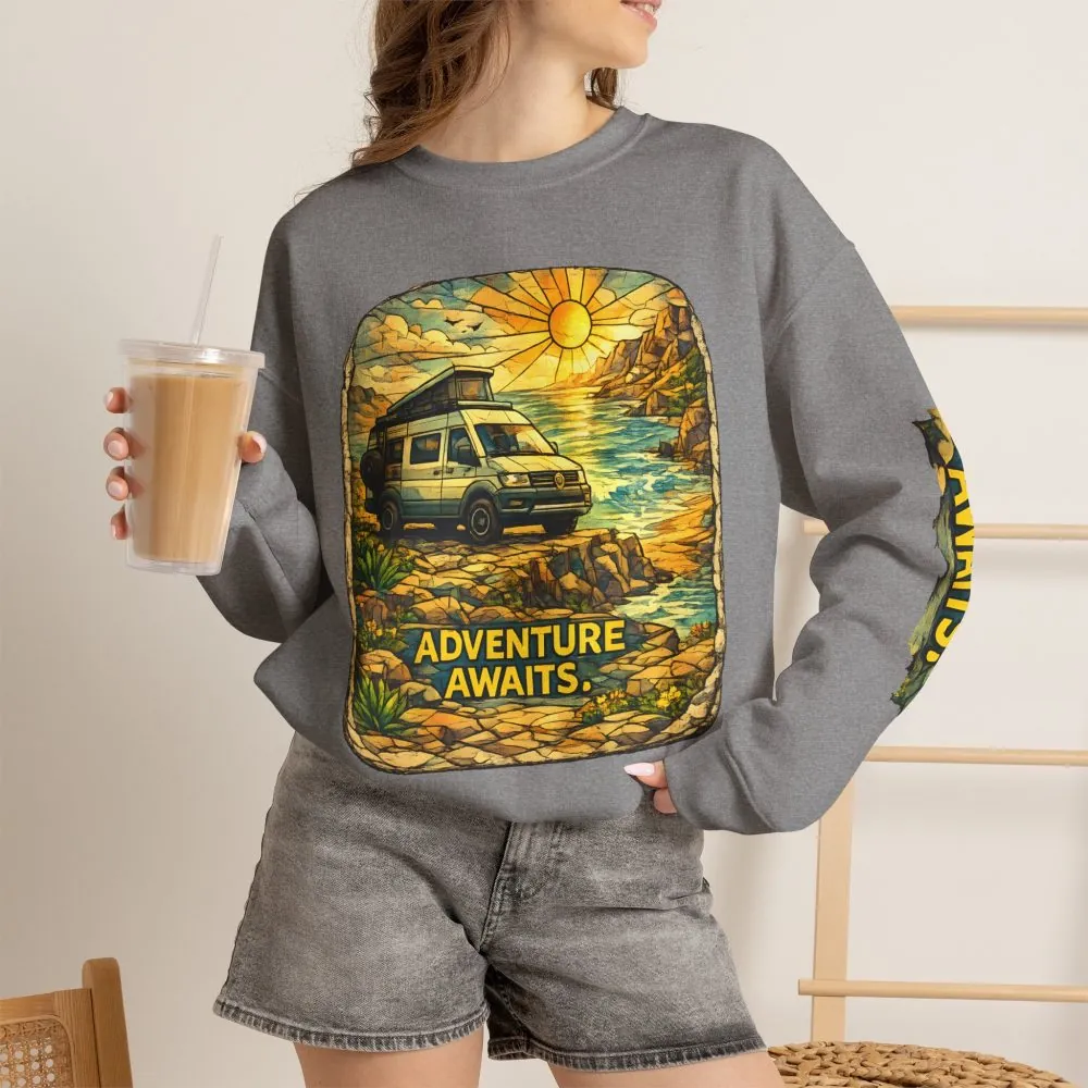 Unisex Heavy Blend™ Crewneck Sweatshirt — "Adventure Awaits" Design Cubic-Line