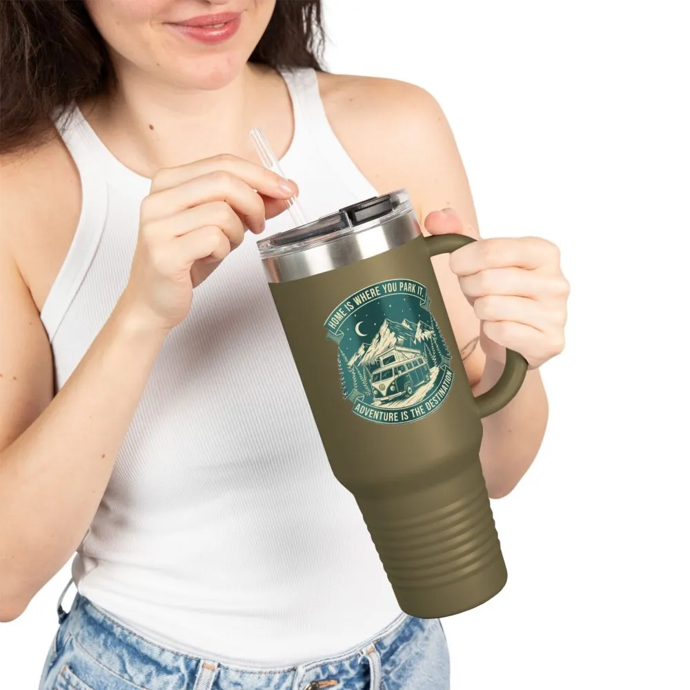 Insulated Travel Mug - "Home Is Where You Park It-Adventure is the destination" (40oz) – Retro Camper Design, Keep Drinks Hot or Cold