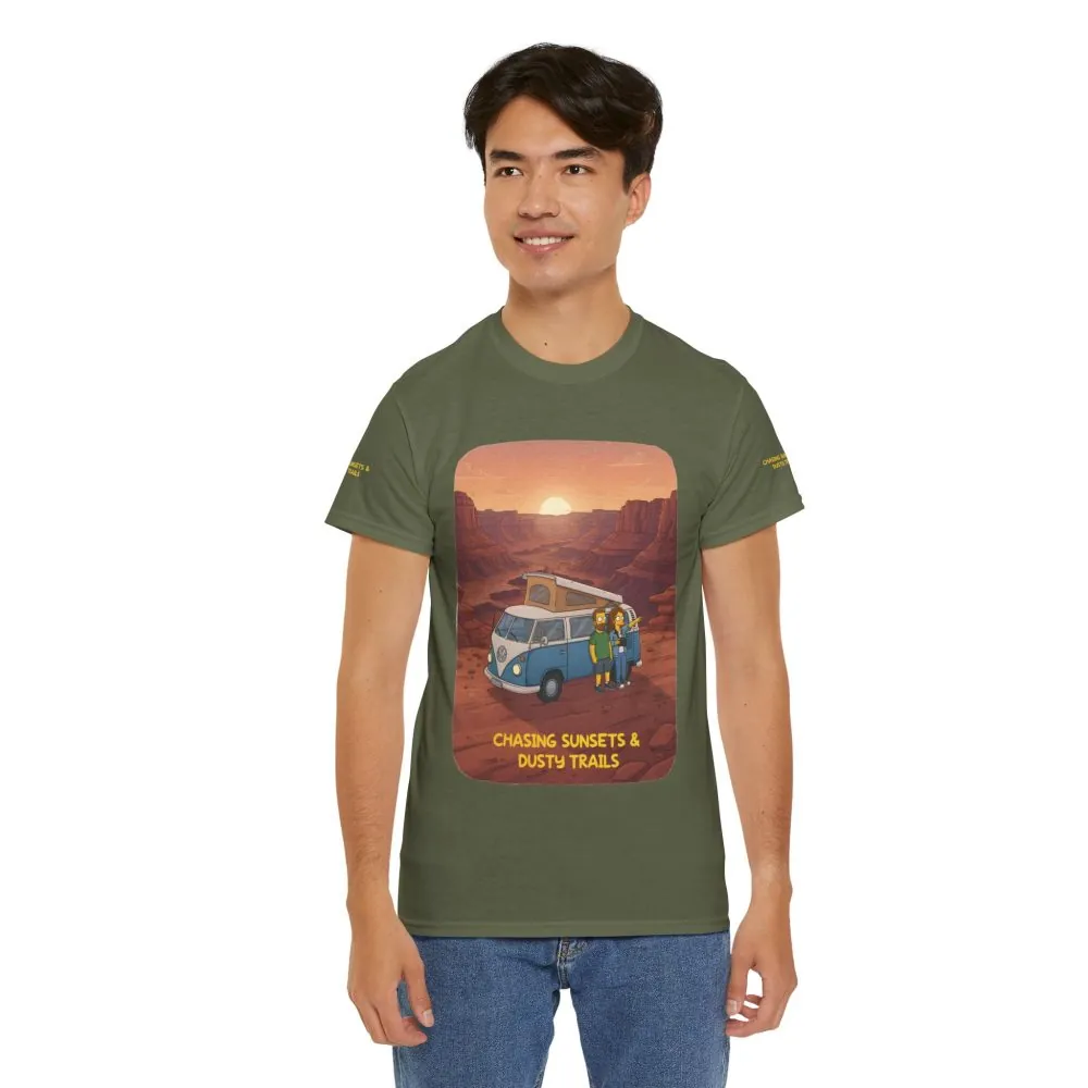 Unisex Heavy Cotton Tee — "Chasing Sunsets And Dusty Trails" Design Sitcom-Line
