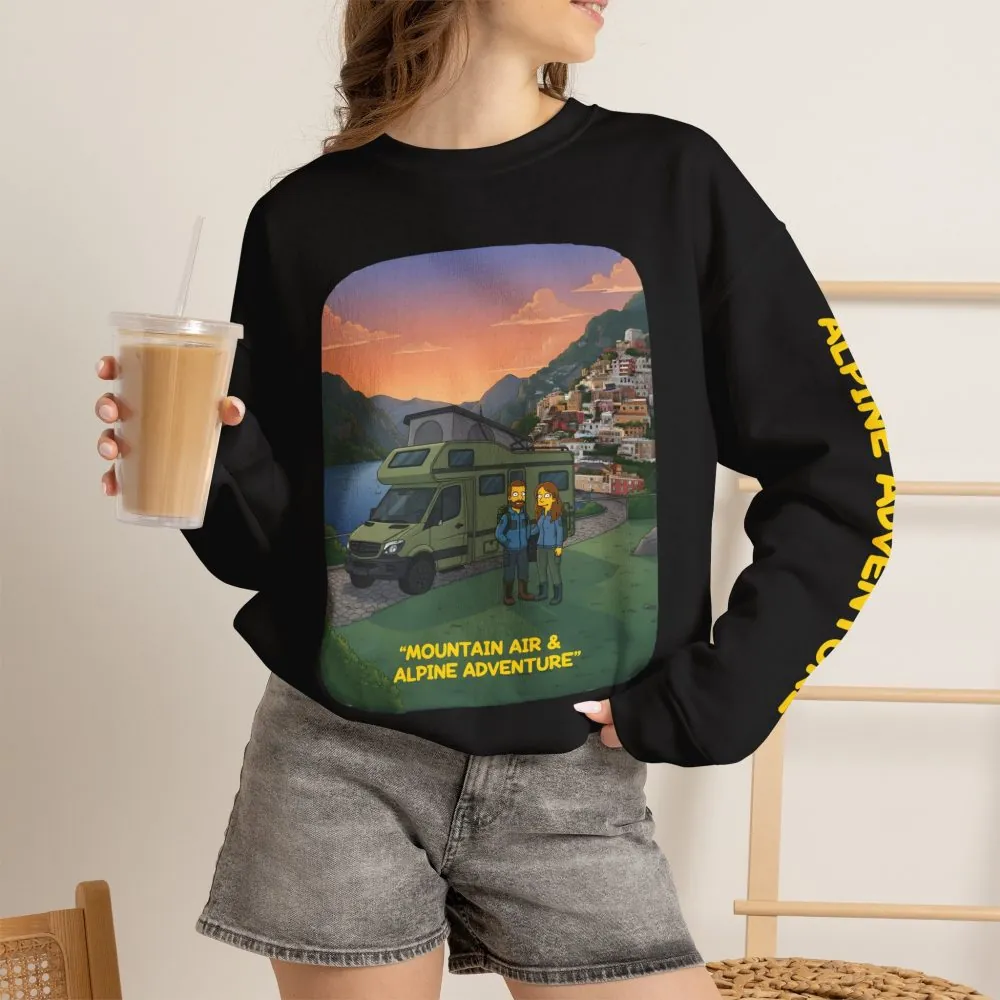 Unisex Heavy Blend™ Crewneck Sweatshirt — "Mountain Air And Alpine Adventure"" Design Sitcom-Line