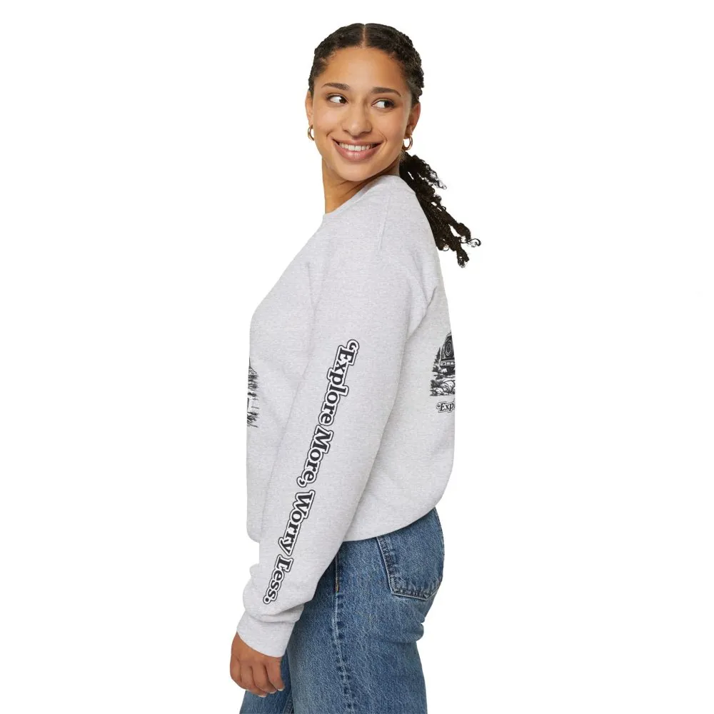 Unisex Heavy Blend™ Crewneck Sweatshirt — "Explore More Worry Less" Design Minimal-Line