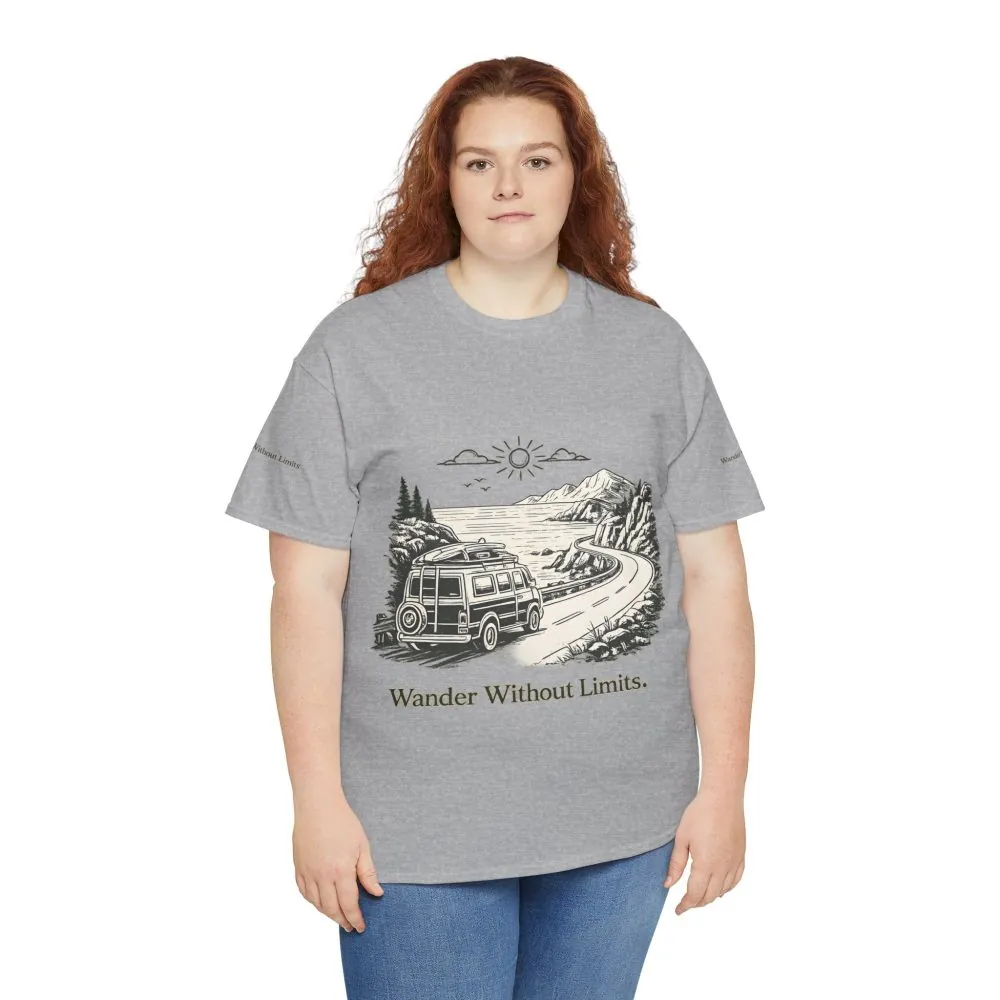 Unisex Heavy Cotton Tee — "Wander Without Limits" Design Minimal-Line