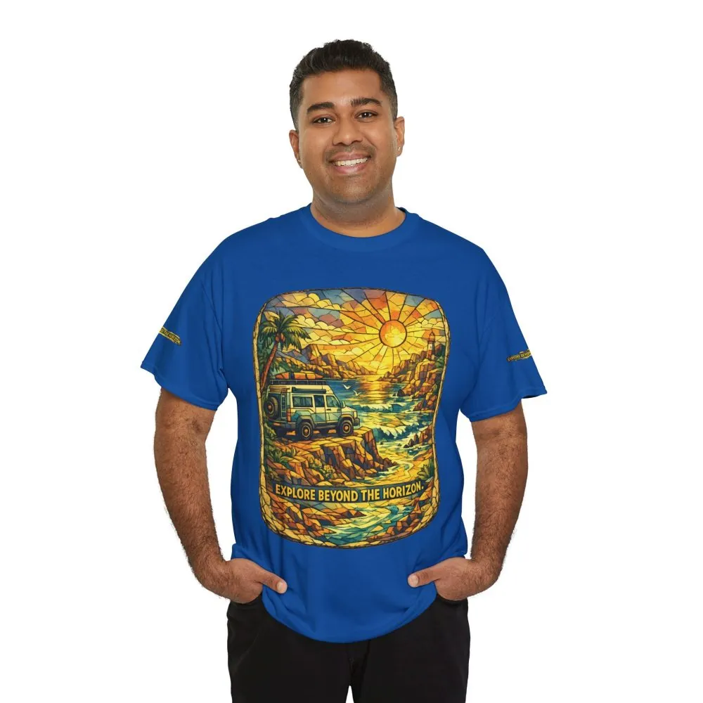 Unisex Heavy Cotton Tee — "Explore Beyond The Horizon" Design Cubic-Line