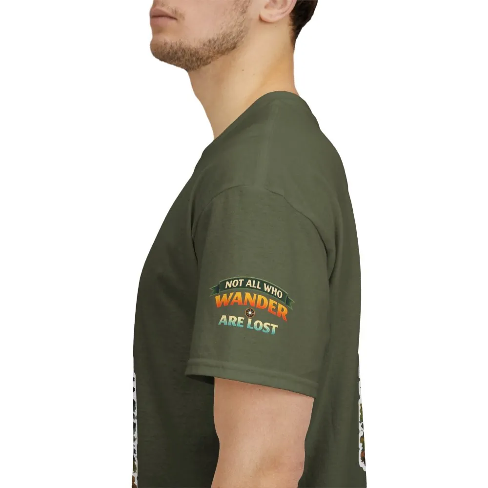 Unisex Heavy Cotton Tee — "Not All Who Wander Are Lost" Design Scenic-Line
