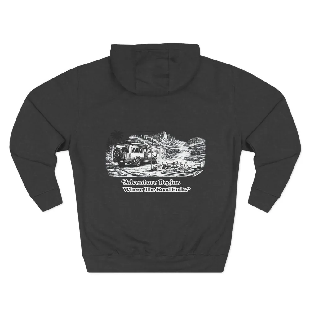 9995007398570491106_2048.jpeg Three-Panel Fleece Hoodie - "Adventure Begins Where The Road Ends" Design Minimal-Line